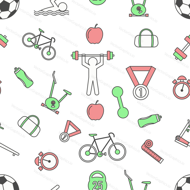 Sportovní bezproblémový vzor. Vektorový moderní tenký plochý design se sportovními předměty, cvičebním vybavením.