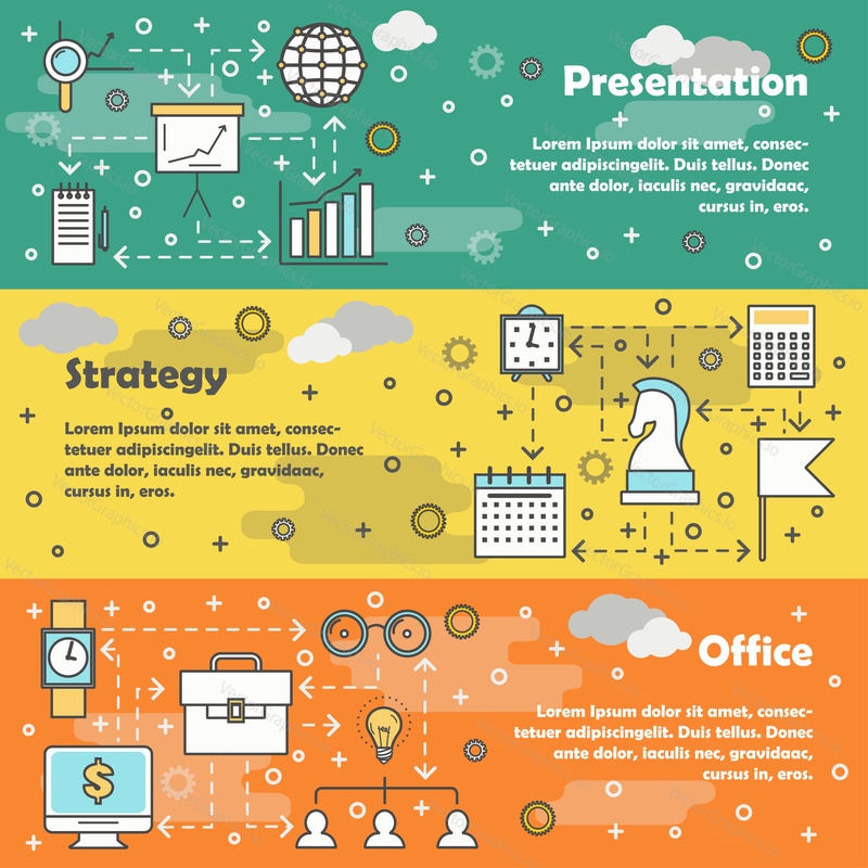Vector set of horizontal banners with Presentation, Strategy and Office modern line art flat style design elements, web templates.