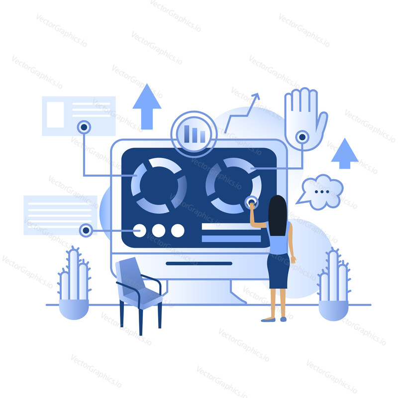 Future touch screen technology IP dashboard vector illustration. Futuristic touch user interface blue computer monitor hud dashboard display. Smart home touchscreen control panel.