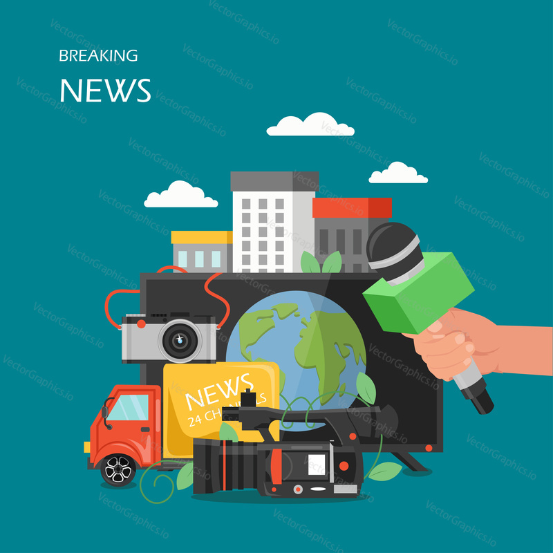 Breaking news vector flat illustration. Hand holding microphone, tv news channel car van, mass media equipment. News broadcast journalism interview concept. Live hot news poster banner.