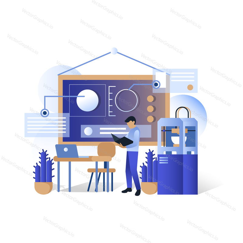 3D tisk proces vektorové ilustrace. Modrá 3D tiskárna, futuristické modré dotykové uživatelské rozhraní hud, inženýr. Budoucí technologie IP dashboard, strojírenství a prototypování průmysl koncept pro web atd.
