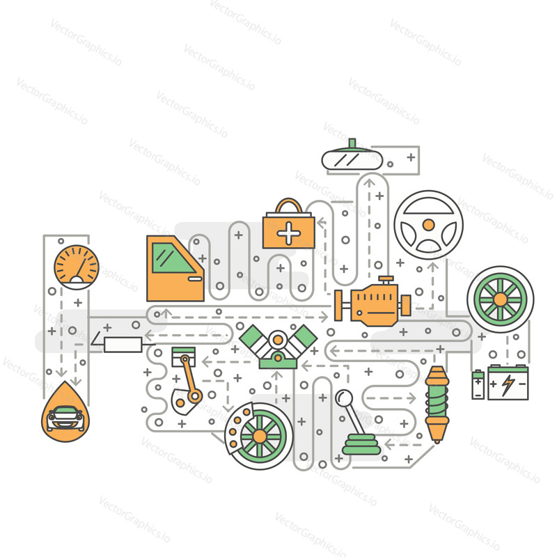 Automobile engine shape poster banner template. Car spare parts vector thin line art flat style design elements, icons for web banners and printed materials.
