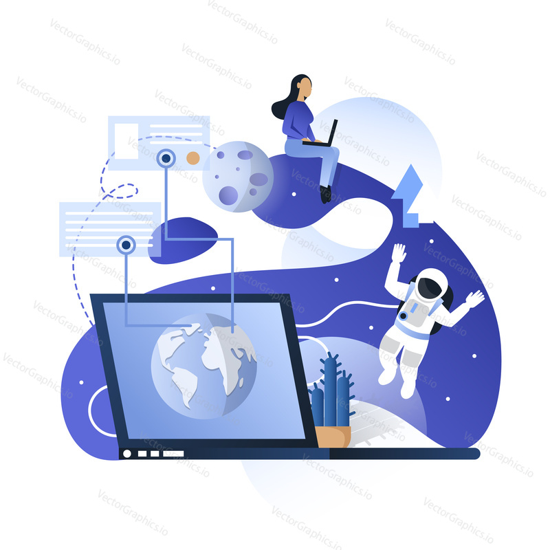 Vector illustration of young woman and astronaut from the Moon communicating via internet. Interplanetary internet, blue space communication technologies concept for web banner, website page etc.