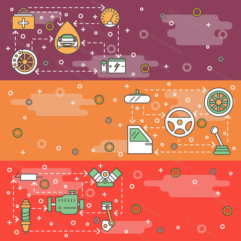 Car parts vector web banner template set. Auto spare parts thin line art flat style design elements, icons, copy space.