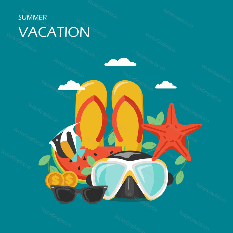 Summer vacation vector flat illustration. Beach accessories flip flops, sunglasses, starfish, diving mask, slice of watermelon and exotic fish. Summer beach activities poster, banner.