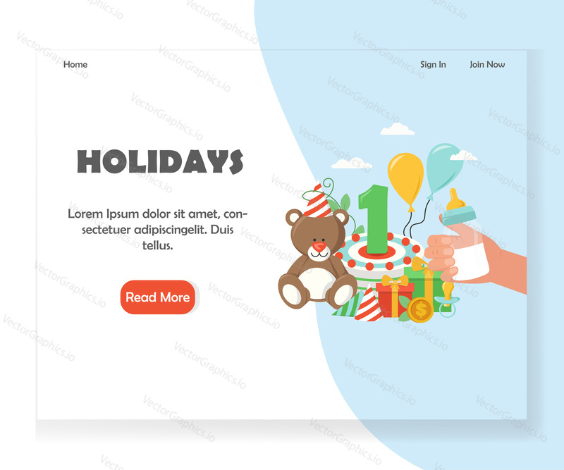 Happy holidays vstupní stránka šablony. Vektorový plochý designový koncept pro webové stránky agentury pro párty a oslavy a vývoj mobilních stránek. Kid první oslava narozenin.