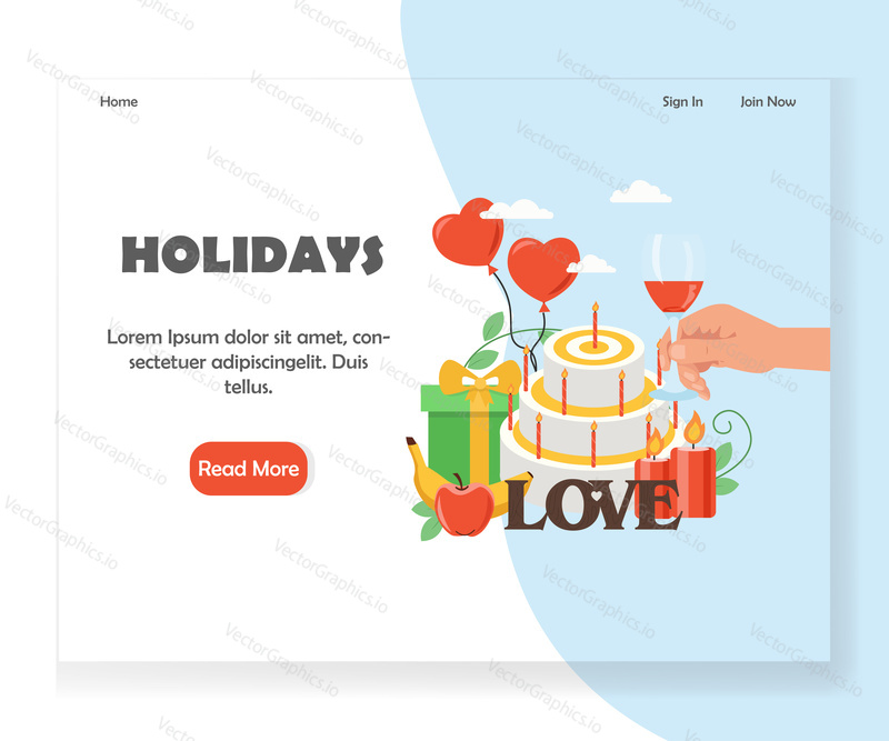 Happy holidays vstupní stránka šablony. Vektorový plochý designový koncept pro webové stránky agentury pro párty a oslavy a vývoj mobilních stránek. Láska událost, oslava výročí svatby.