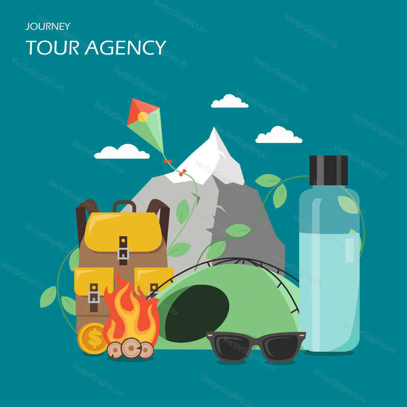 Tour agentura reklamní plakát banner. Vektorová plochá ilustrace. Hora, kite, táborák, stan, batoh, dolarové mince a láhev na zapalovač na uhlí. Camping Příroda cestovní ruch koncept.