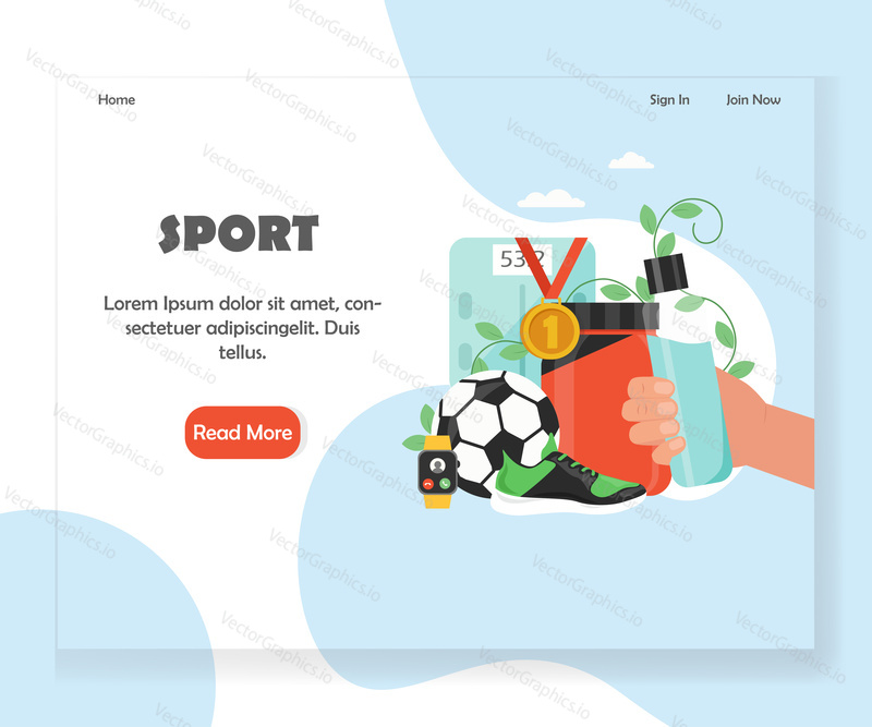 Sport vstupní stránka šablona. Vektorový plochý designový koncept pro zdraví a fitness webové stránky a vývoj mobilních stránek. Sportovní doplňky a doplňky výživy pro zdravý životní styl.
