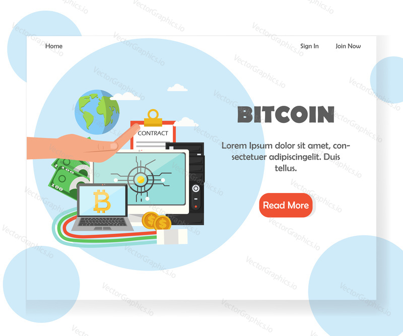 Bitcoin investice vstupní stránka šablony. Vector flat style design concept pro bitcoin a crypto investování webových stránek a vývoj mobilních stránek.