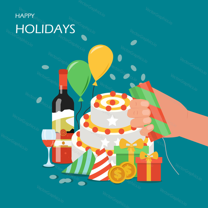 Šťastné svátky vektorové ploché ilustrace. Hand holding party cracker nebo popper s konfety, sváteční dort a klobouky, víno, dárková krabička, balónky, dolarové mince. Blahopřání, oslava plakát, banner.