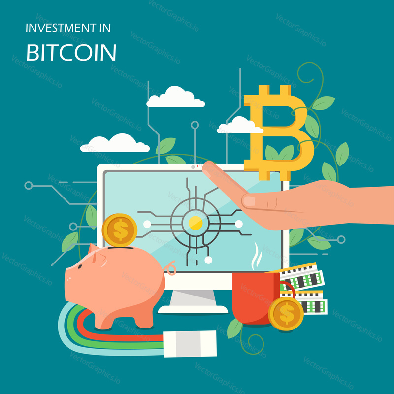 Investice do bitcoin concept vektorové ilustrace. Bitcoin podepsat na ruce dlaň, stolní počítač, prasátko, dolarové mince. Online financování a investice do kryptoměna plakát, banner.