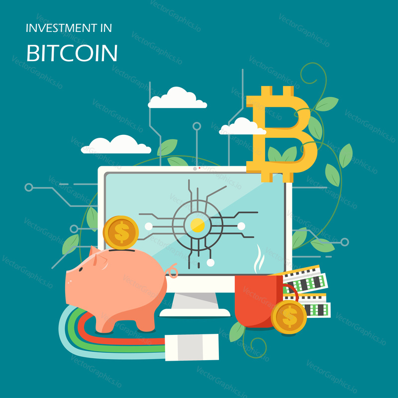 Investice do bitcoin concept vektorové ilustrace. Bitcoin symbol, stolní počítač, prasátko, dolarové mince. Investice do digitální měny kryptoměna plakát, banner.