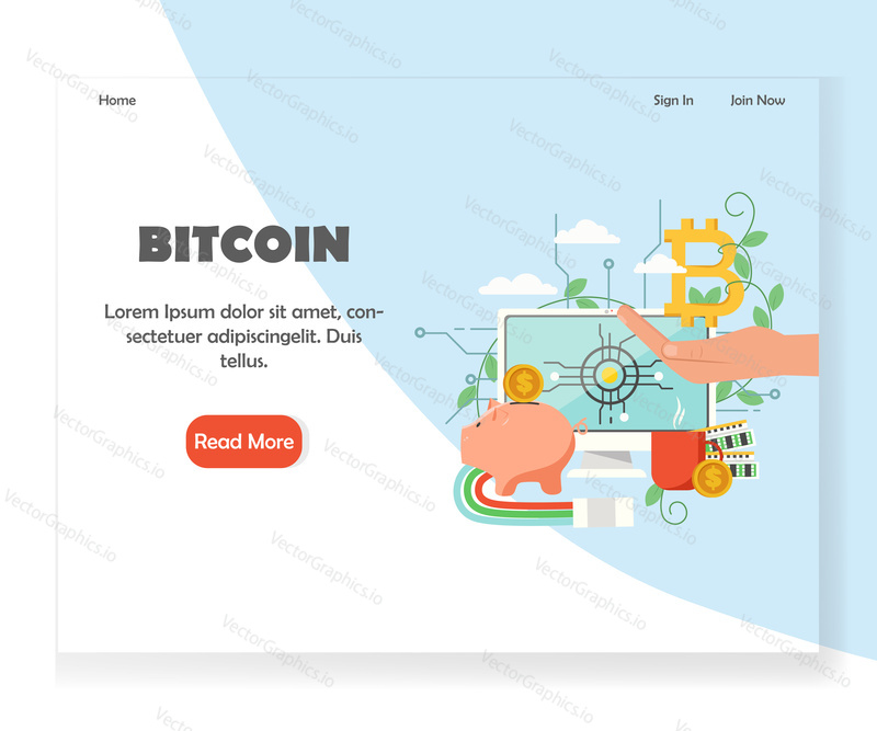 Bitcoin investice vstupní stránka šablony. Koncept designu vektorového plochého stylu pro vývoj webových stránek a mobilních stránek. Online financování a investice do kryptoměna.