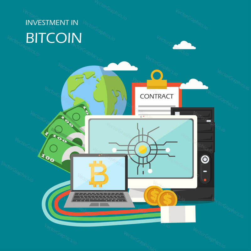 Investice do bitcoin concept vektorové ilustrace. Zeměkoule, počítač, notebook s bitcoinovým znaménkem, schránka s formulářem smlouvy, peníze. Investice do digitální měny, v blockchain technologie plakát banner