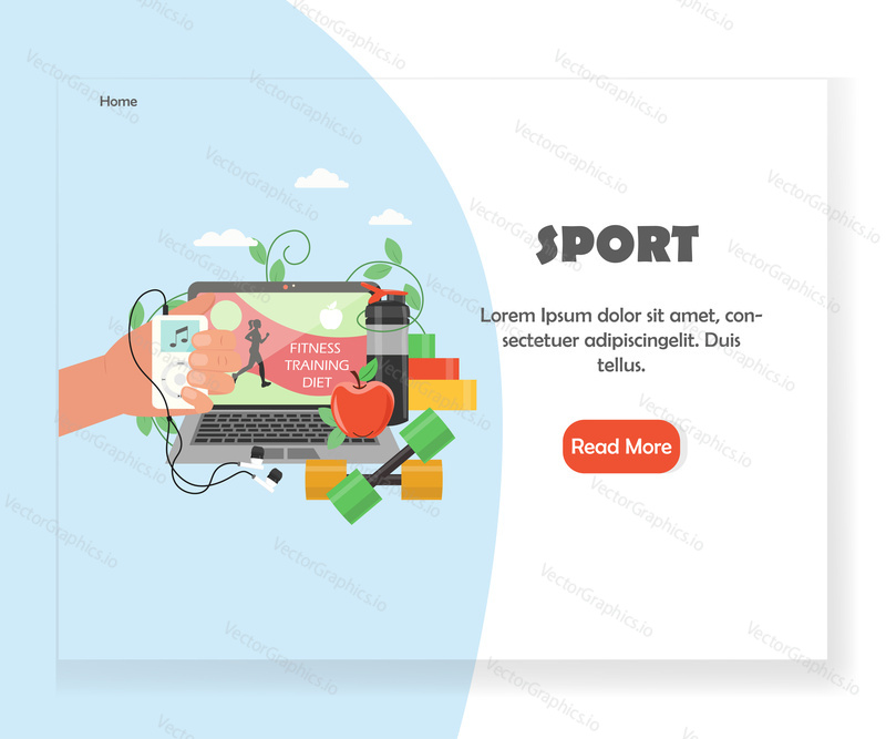 Sport vstupní stránka šablona. Koncept designu vektorového plochého stylu pro online osobní trénink a výživu koučování webových stránek a vývoj mobilních stránek. Služby virtuální posilovny.