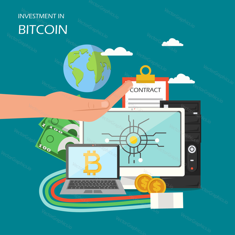Investice do bitcoin concept vektorové ilustrace. Globe na ruce dlaň, počítač, notebook s bitcoin podepsat, schránka se smlouvou, peníze. Online financování a investice do kryptoměna plakátu banner.