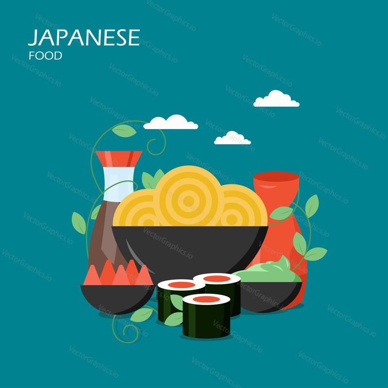 Japanese food vector flat style design illustration. Noodles or pasta in bowl, maki sushi rolls, soy sauce etc. Traditional japanese cuisine poster banner.