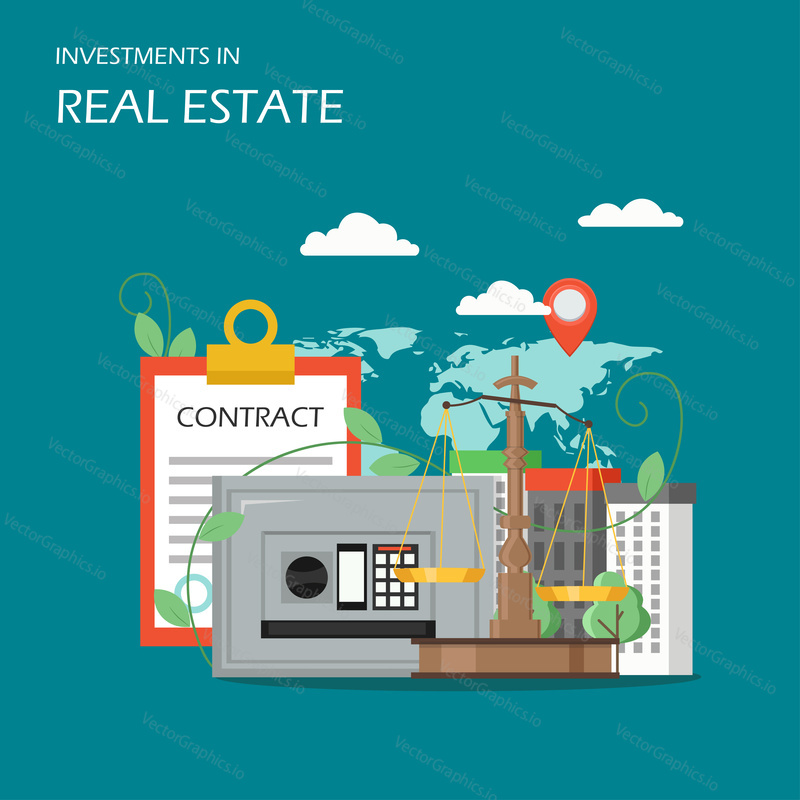 Investice do real estate concept vector flat ilustrace. Smlouva, městské budovy, trezor, váhy, mapa světa s umístěním pin. Investice do nemovitostí, finanční růst a úspory peněz plakát banner.