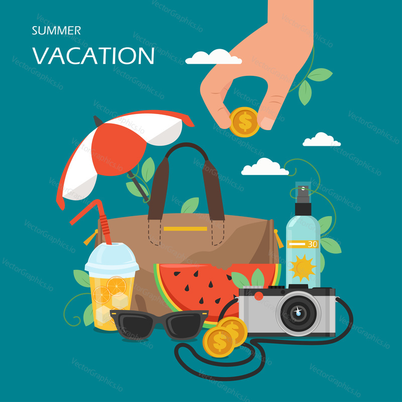 Summer vacation vector flat illustration. Bag and beach accessories sun umbrella, sunscreen, camera, glass of lemonade, watermelon, hand holding dollar coin. Summertime traveling poster, banner.