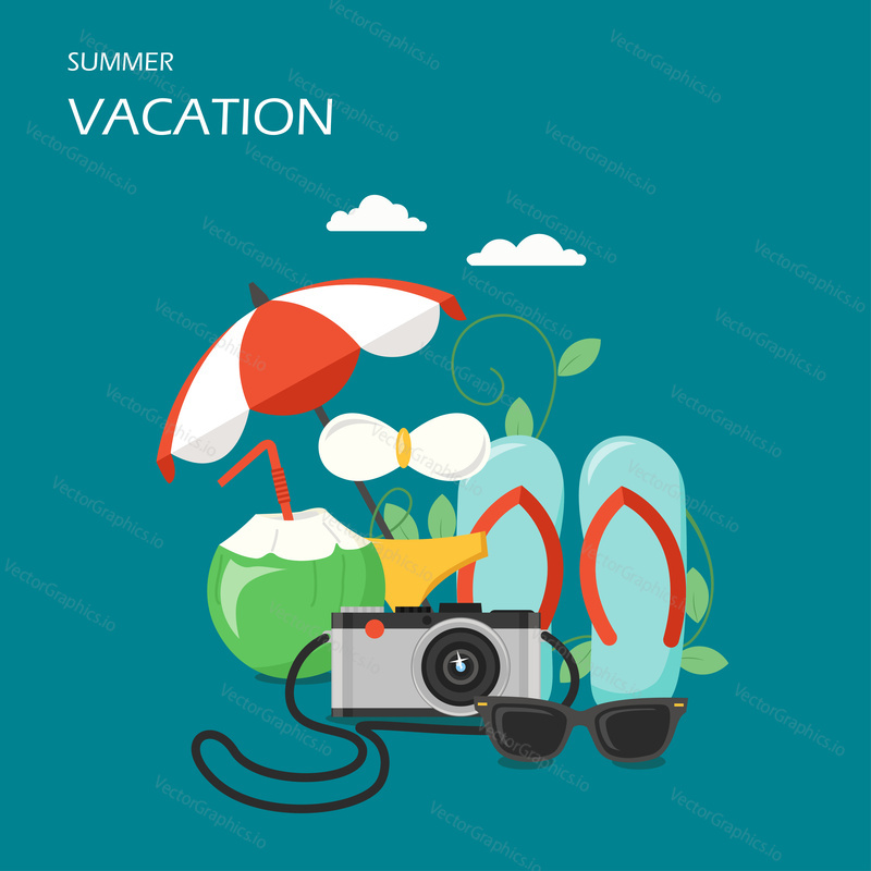 Summer vacation vector flat illustration. Beach accessories sun umbrella swimsuit flip flops coconut cocktail sunglasses camera and glass of lemonade. Summertime beach holidays poster banner.