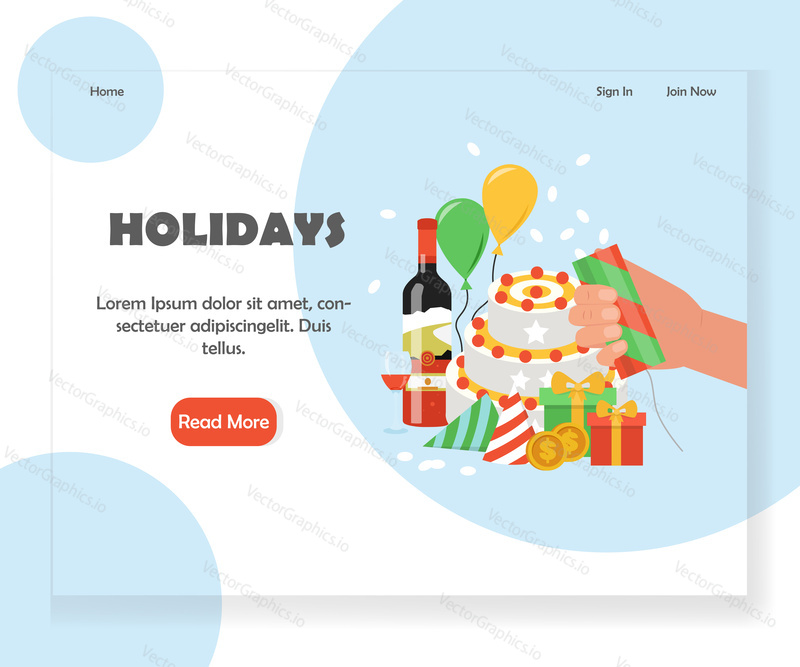 Happy holidays vstupní stránka šablony. Vektorový plochý designový koncept pro webové stránky agentury pro párty a oslavy a vývoj mobilních stránek. Speciální akce a oslava happy birthday party.