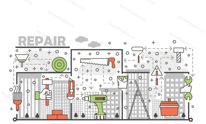 Home repair poster banner template. Hand work tools for construction, home repair, renovation. Vector thin line art flat style design elements, icons for website banners and printed materials.