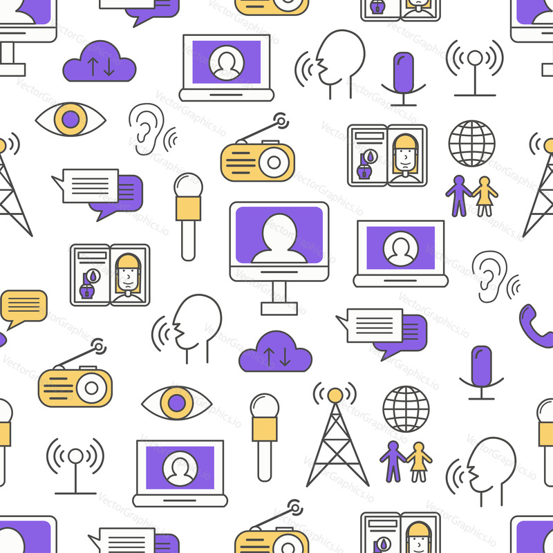 Векторный бесшовный узор с радио, интернетом, мобильными устройствами, символами социальных сетей, элементами дизайна. Тонкая линия искусства плоский стиль дизайна средства массовой информации фон, обои.