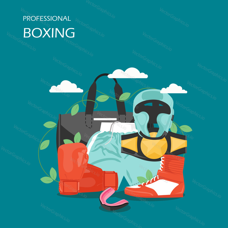 Professional boxing vector flat style design illustration. Helmet, shorts, shoe, gloves, belt, sports bag and mouthguard. Boxing equipment, uniform and accessories for web banner, website page etc.