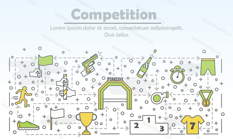 Sportovní soutěž reklamní plakát banner šablona. Medailon se stuhou, trofejním pohárem, oblečením atd. Vektorové tenké čáry umění plochý styl designové prvky, ikony pro webové stránky banner a tištěných materiálů.