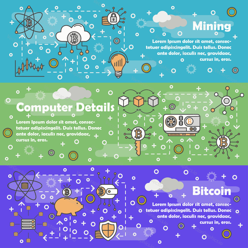 Набор шаблонов векторных веб-баннеров Bitcoin. Майнинг, компьютерные детали, концепция биткойна, тонкие линии, элементы дизайна в плоском стиле.