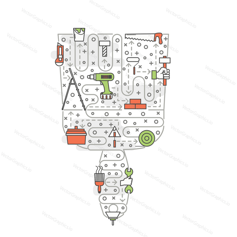 Building trowel shape poster banner template. Hand work tools for construction, home repair, renovation. Vector thin line art flat style design elements, icons for website banners, printed materials.