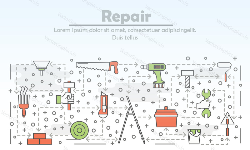 Home repair advertising poster banner template. Work tools for construction, home repair, renovation. Vector thin line art flat style design elements, icons for website banners and printed materials.