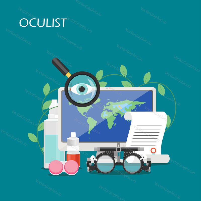 Oculist vector flat ilustrace. Počítač, oční kapky, kontaktní čočky kontejner a roztok, předpis, zkušební rám. Optometrie, oční test a korekce zraku zařízení pro webové stránky banner atd.