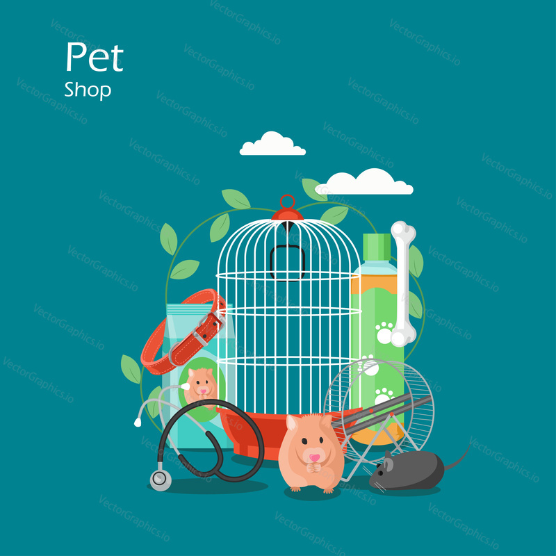 Pet shop vector plochý styl designu ilustrace. Křeček, ptačí klec, jídlo, kost, hračka myši, láhev šamponu, obojek pro psy, stetoskop veterináře. Pet store složení produktu pro web banner, webové stránky atd.