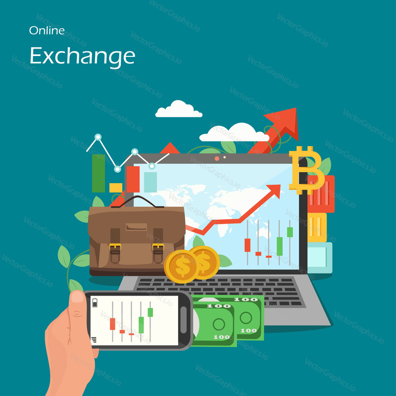 Online exchange vektorové ploché ilustrace. Notebook a smartphone se svícen grafy na obrazovkách, peníze, dolar mince, bitcoin znamení. Složení obchodování na akciovém trhu pro webový banner, webovou stránku atd.
