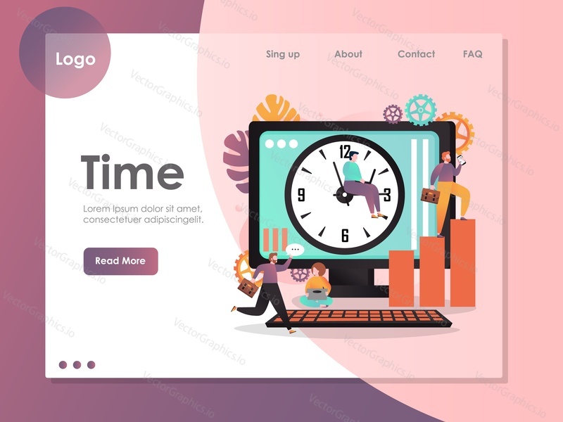 Šablona webové stránky Time vector, návrh webové stránky a vstupní stránky pro vývoj webových stránek a mobilních stránek. Úspora času, obchodní aplikace pro správu času, produktivitu, koncepty efektivity.