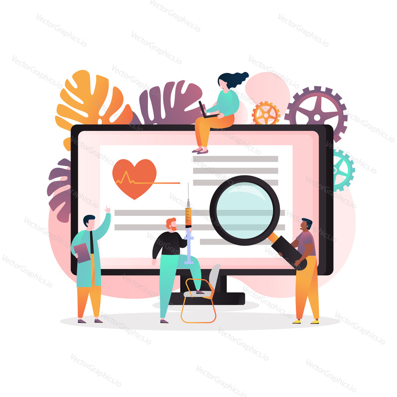 Vektorová ilustrace velkého monitoru počítače a lidí kreslených postaviček s syringer, lupa, laptop. Telemedicína, koncept online lékařských konzultací pro webový banner, webovou stránku atd.