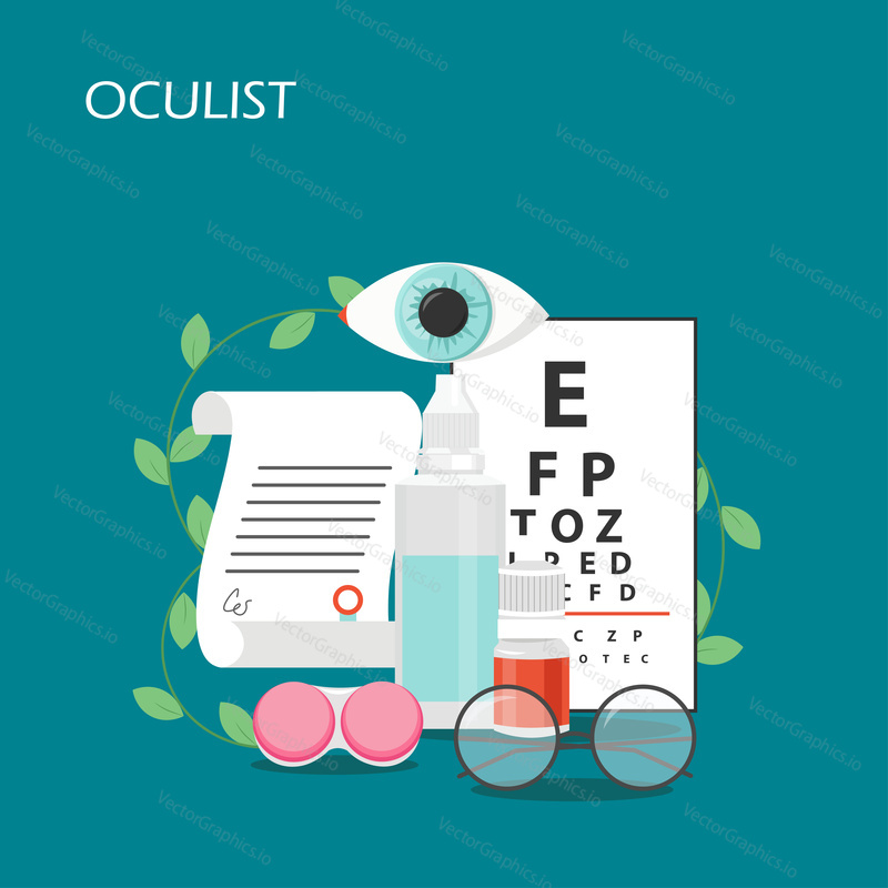 Oculist vector flat ilustrace. Oční test graf, oční kapky, brýle, kontaktní čočky kontejner a láhev roztoku, předpis. Oftalmologie, optometrie, korekční brýle pro webové stránky atd.