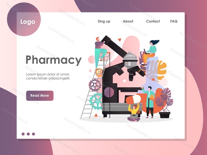 Lékárna vektorová webová šablona, webová stránka a design vstupní stránky pro vývoj webových stránek a mobilních stránek. Farmaceutické laboratorní vybavení, koncepce farmakologického průmyslu.