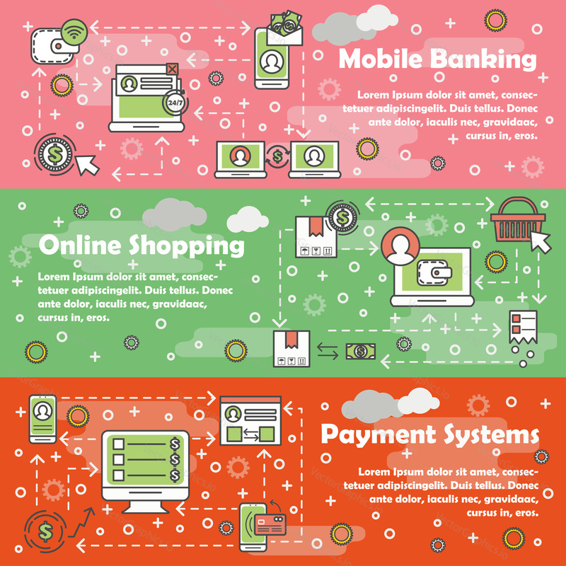 Vector web banner template set. Mobile banking, Online shopping and Payment systems concept thin line art flat style design elements.