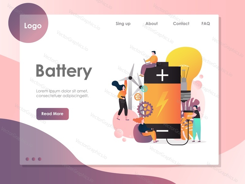 Šablona webové stránky vektoru baterie, návrh webové stránky a vstupní stránky pro vývoj webových stránek a mobilních stránek. Koncepce technologie ukládání energie větrných turbín.