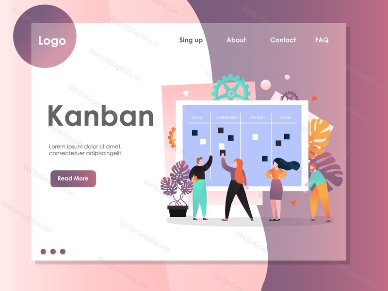 Šablona webových stránek Kanban vector, design webových stránek a vstupních stránek pro vývoj webových stránek a mobilních stránek. Agilní kanbanová metodika, koncepty spolupráce.