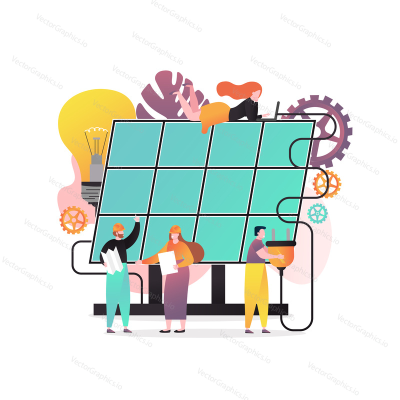 Vector illustration of solar power panel and engineers, electricians cartoon characters installing it. Renewable green energy, solar power plant technology concept for web banner, website page etc.