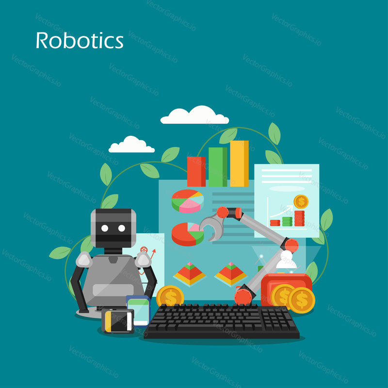 Robotika vektorová plochá ilustrace. Robot, průmyslové robotické rameno, grafy, grafy dashboard, klávesnice, dolarové mince, flash disky. Koncept automatizace obchodních procesů pro webový banner, webovou stránku atd.