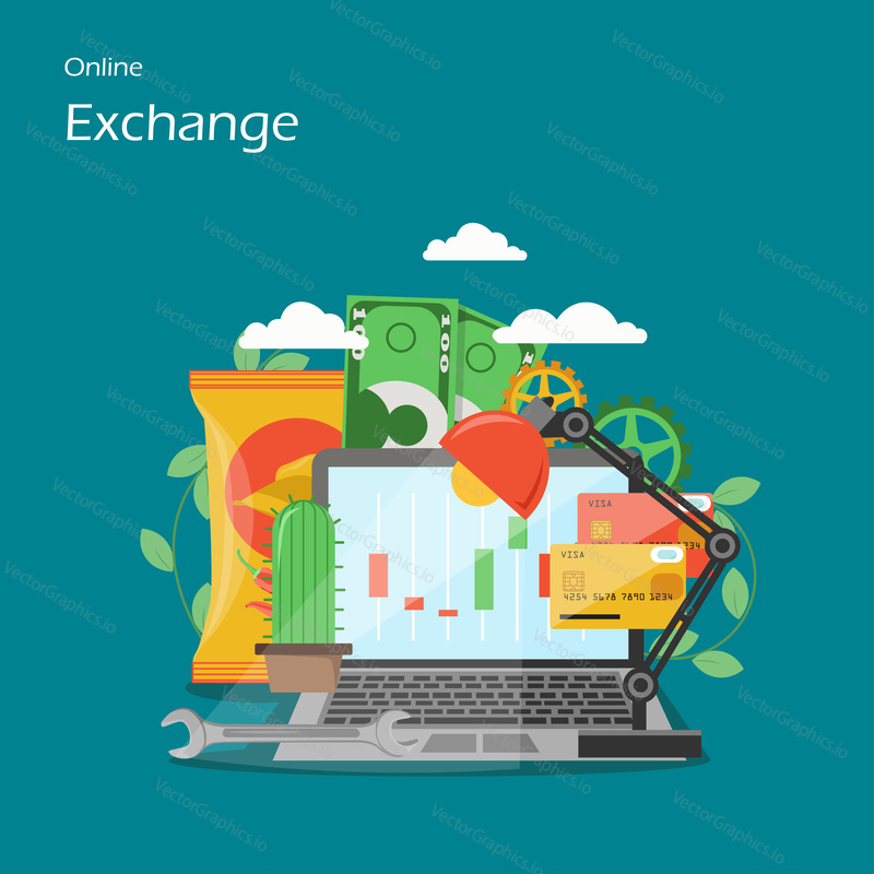 Online exchange vektorové ploché ilustrace. Notebook se svícen grafy na obrazovce, peníze, kreditní karty, stolní lampa, klíč, ozubená kola. Obchodování s investicemi na akciovém trhu pro webovou stránku banneru.