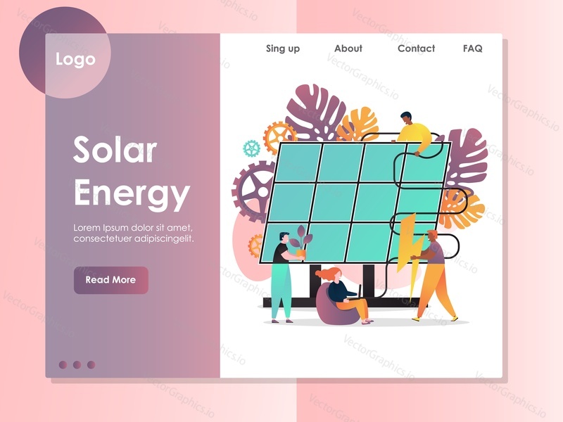 Šablona webové stránky Solar energy vector, návrh webové stránky a vstupní stránky pro vývoj webových stránek a mobilních stránek. Alternativní spotřeba zelené energie.