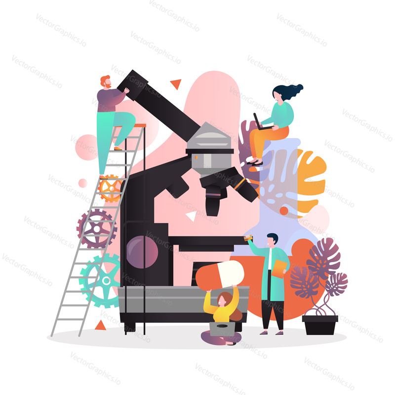 Vector illustration of big microscope and pharmacists, scientists working at lab. Pharmacological business, pharmacy laboratory equipment, pharmaceutical industry concept for web banner, website page.