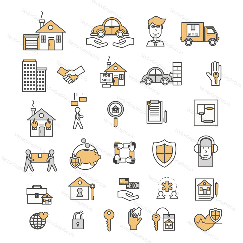 Life, health, property, deposit insurance icon set. Vector thin line art flat style design elements, symbols isolated on white background.