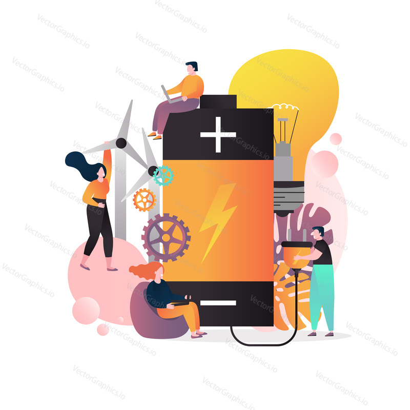 Vektorová ilustrace velké baterie se zástrčkou, větrnými mlýny, elektrickou lampou a znaky. Koncepce technologie ukládání energie větrné turbíny pro webový banner, webovou stránku atd.